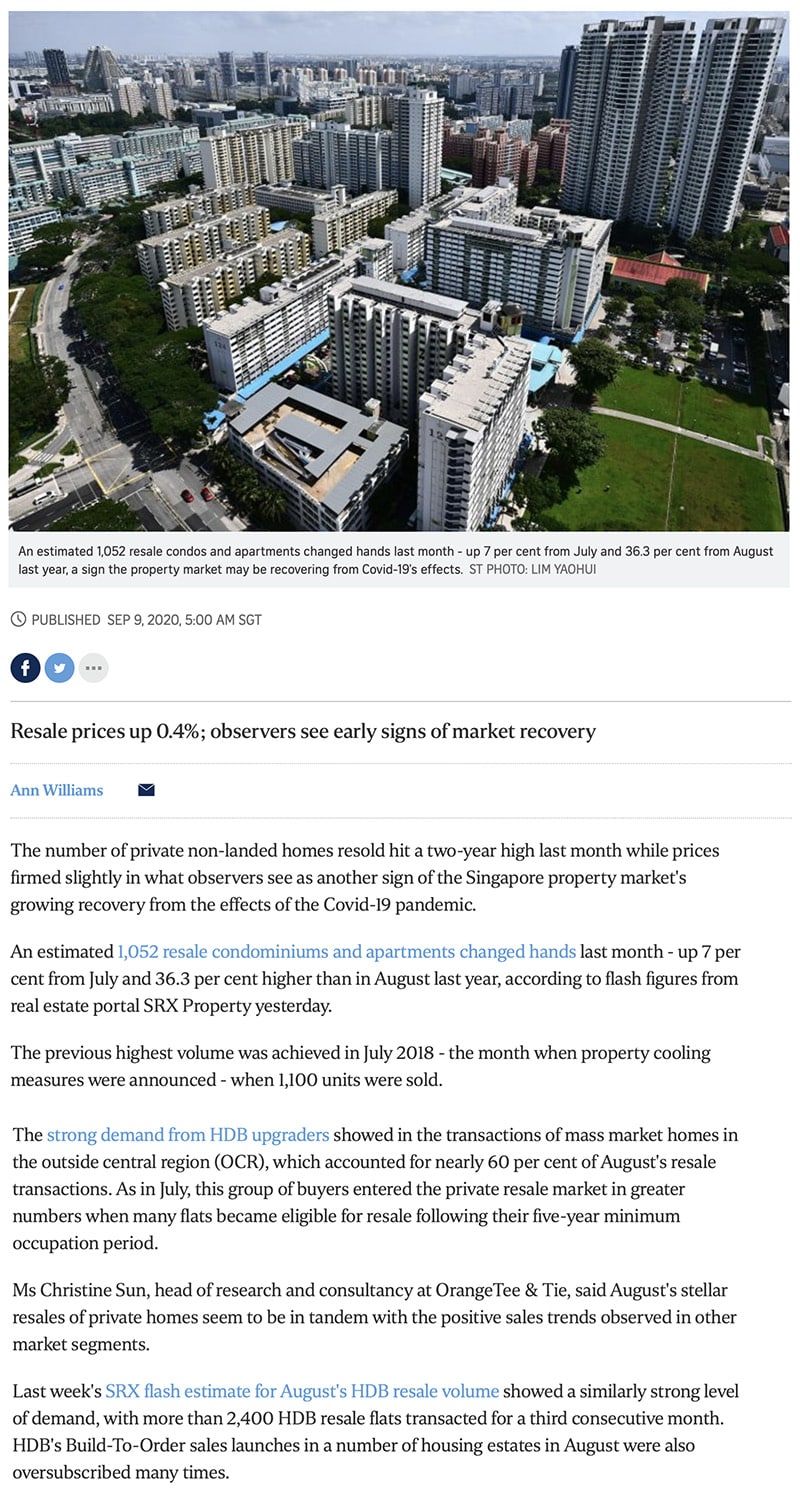 K Suites - Private home resale volume hits 2-year high in Aug: SRX 1
